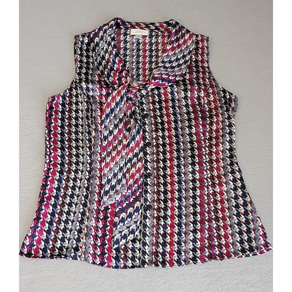 Tahari Size Med Sleeveless Sheer Scoop Neck Self Tie Blouse Business Casual